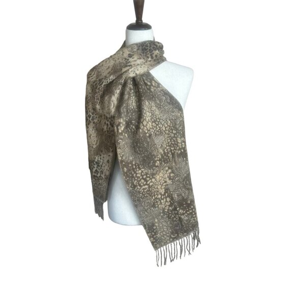 Soft Reversible Animal Print Paisley Floral Brown Shawl Scarf Fringe 72" x 11" - Picture 2 of 6